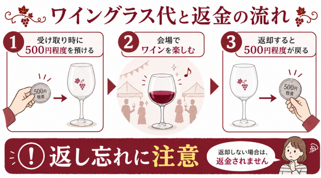 ワイングラスのデポジットとして500円程度を預け、返却時に返金される流れを説明した図