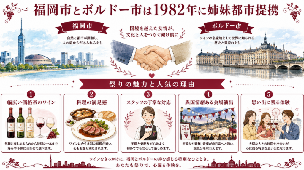 福岡市とボルドー市の姉妹都市交流の歴史と、祭りが人気を集める理由をまとめた図