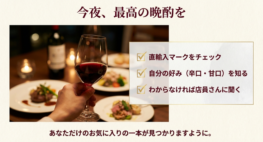 最高の晩酌を楽しむためのチェックリスト。直輸入マークのチェック、好みの把握、店員への相談など、自分だけのお気に入りの一本を見つけるための3つのポイント。