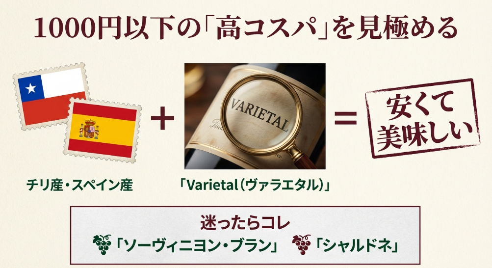 「Varietal（ヴァラエタル）」は「安くて美味しい」の証。チリ産やスペイン産のソーヴィニヨン・ブランやシャルドネが高コスパである理由を図解。