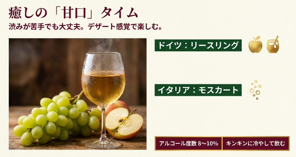 渋みが苦手な人向けの甘口白ワイン。ドイツのリースリングやイタリアのモスカートなど、よく冷やしてデザート感覚で楽しむスタイルを提案。