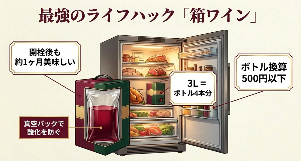 開栓後も約1ヶ月美味しく飲める箱ワインの真空パック構造と、ボトル換算500円以下という圧倒的なコストパフォーマンスの解説。