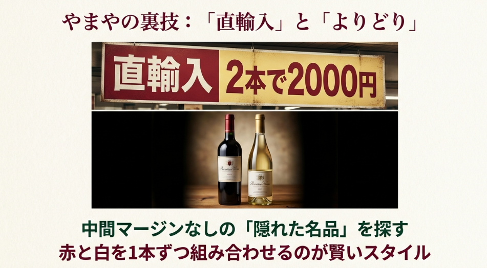直輸入2本で2000円」の看板と赤ワイン・白ワインのボトル。中間マージンなしの隠れた名品をお得に組み合わせる裏技。