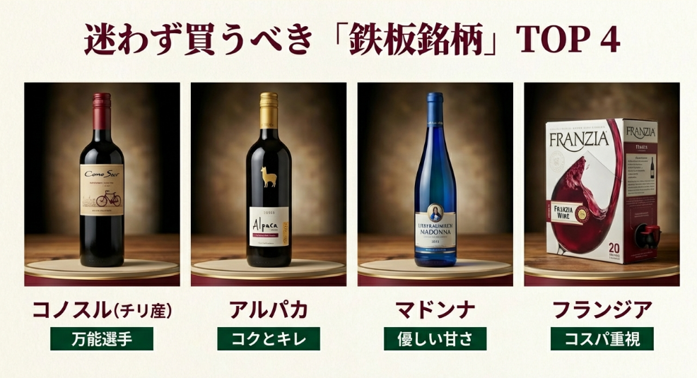 コノスル、アルパカ、マドンナ、フランジアなど、やまやで購入すべき代表的な白ワイン銘柄のボトル一覧。