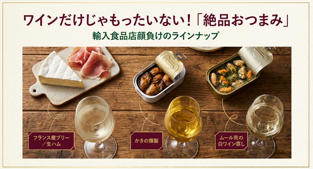 フランス産ブリーチーズ、生ハム、かきの燻製、ムール貝の白ワイン蒸しなど、白ワインに合う絶品おつまみの写真。