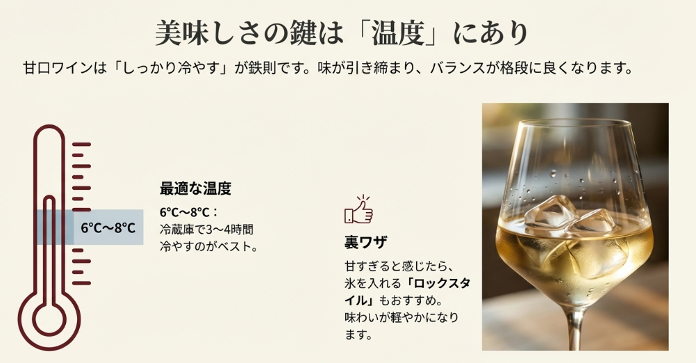 甘口ワインの飲み頃温度6～8度と氷を入れるロックスタイルの提案