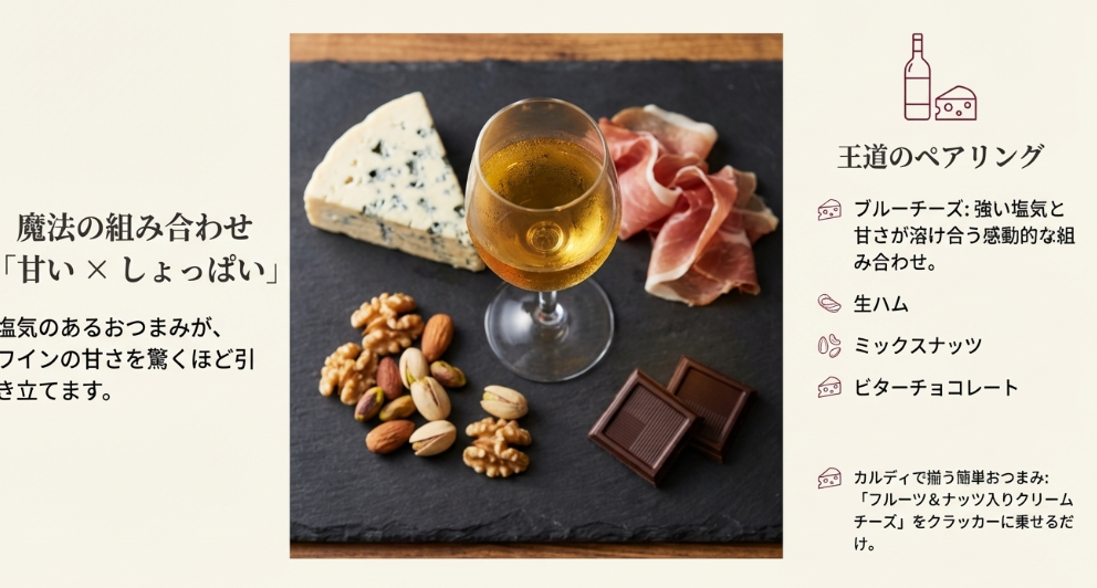 甘口ワインに合うおつまみ（ブルーチーズ・生ハム・ナッツ・チョコ）