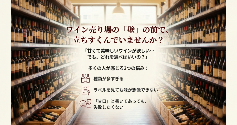 カルディのワイン売り場で種類が多くて選べないと悩む初心者のイメージ