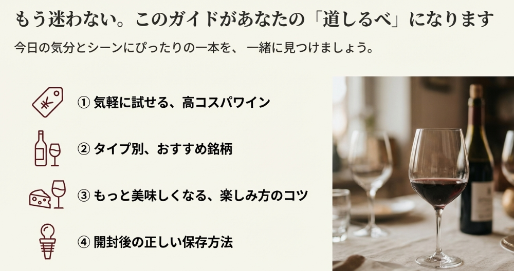 本記事で紹介する高コスパワインやペアリングなどの4つのポイント