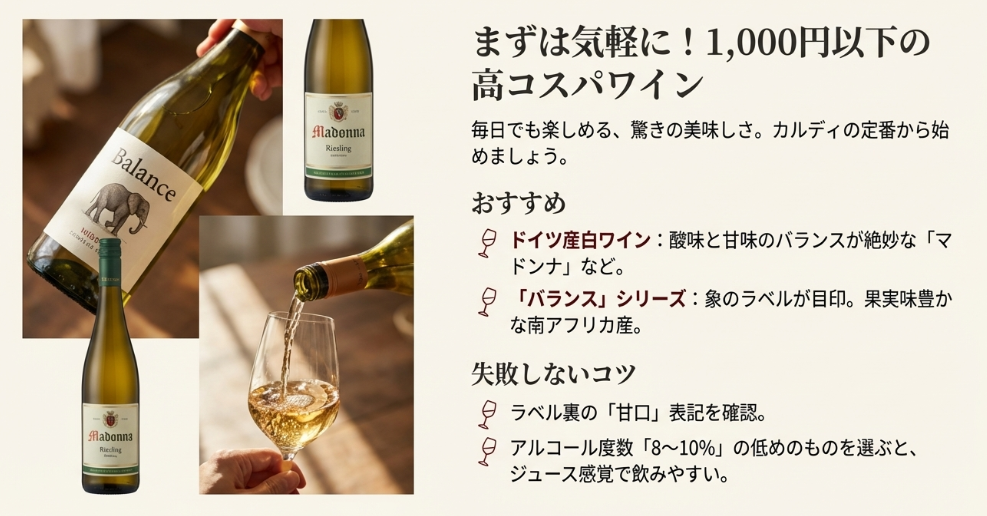 カルディで買える1000円以下の高コスパ甘口ワイン「マドンナ」と「バランス」