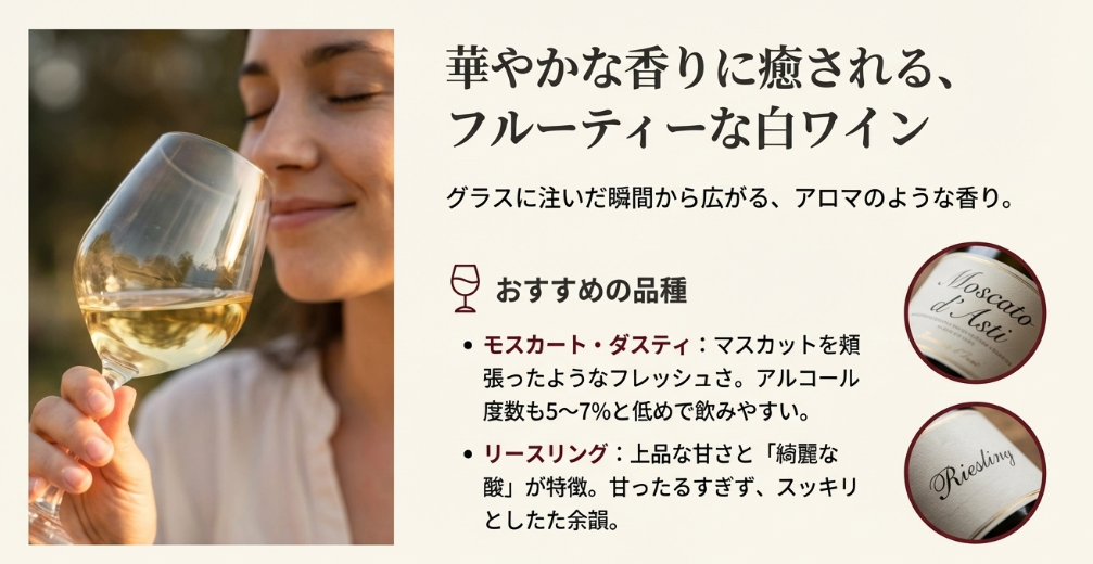  華やかな香りが特徴のモスカート・ダスティやリースリングなどの白ワイン