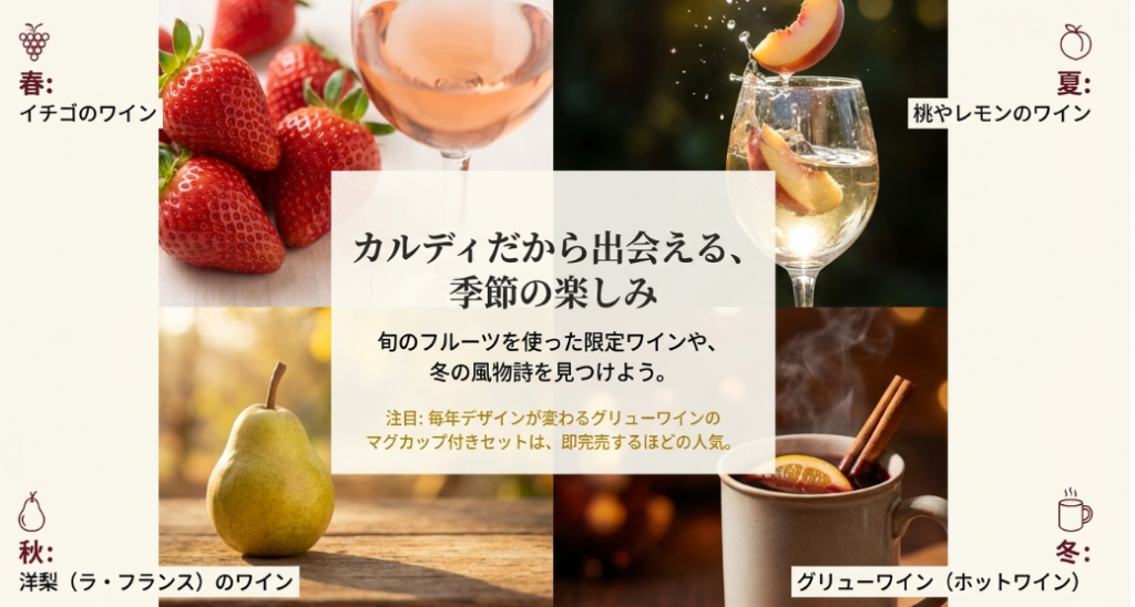 春のイチゴや冬のグリューワインなどカルディの季節限定ワイン