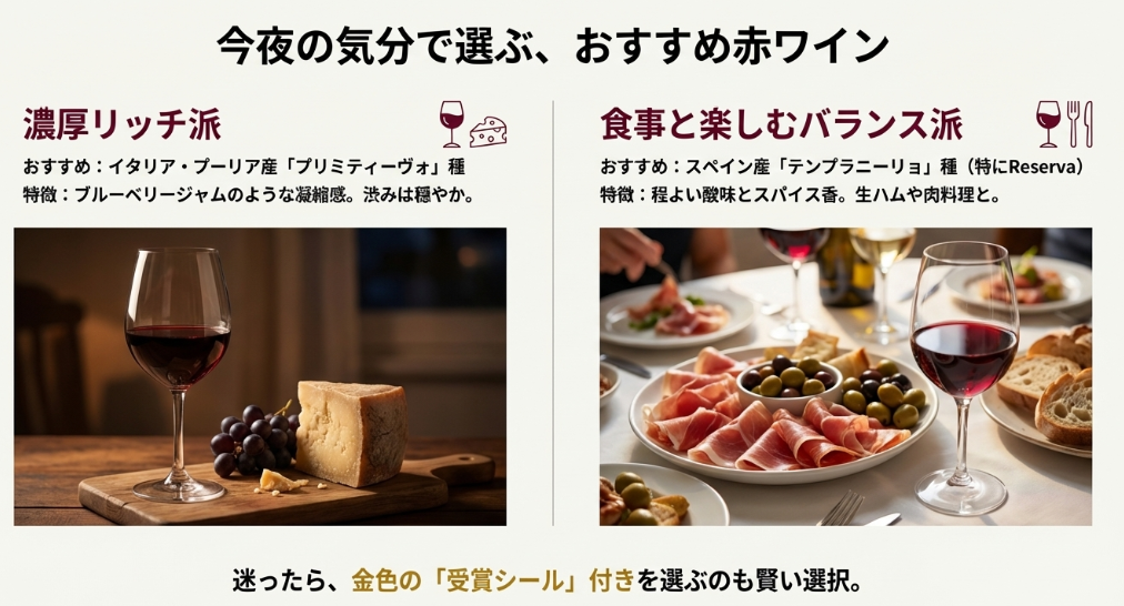 ジュピターおすすめの赤ワイン2種。濃厚なイタリア産プリミティーヴォと、バランスの良いスペイン産テンプラニーリョの特徴