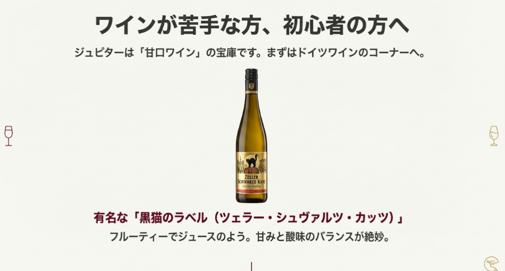 ワイン初心者におすすめのドイツ産甘口白ワイン「ツェラー・シュヴァルツ・カッツ（黒猫のラベル）」のボトルと特徴