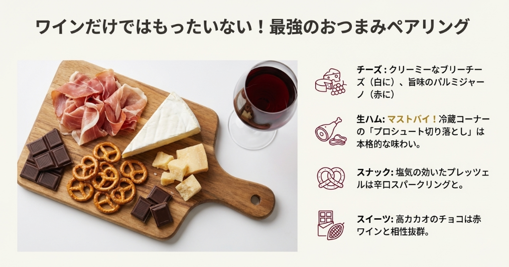 ワインに合うおつまみのペアリング紹介。ブリーチーズ、生ハム（プロシュート）、プレッツェル、チョコなどの組み合わせ一覧