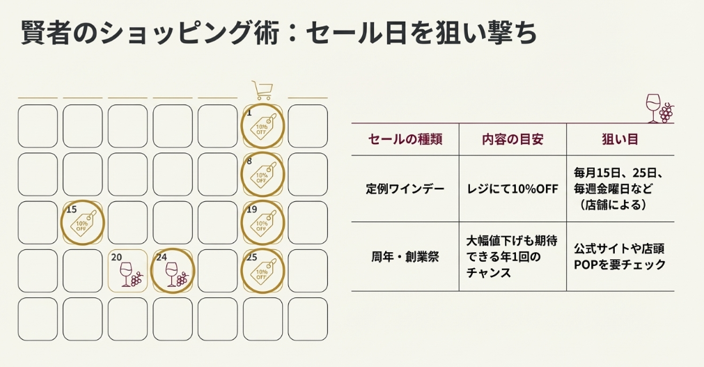 ジュピターのワインセール開催日（毎月15日、25日、毎週金曜日など）にマークがついているカレンダーのイラスト
