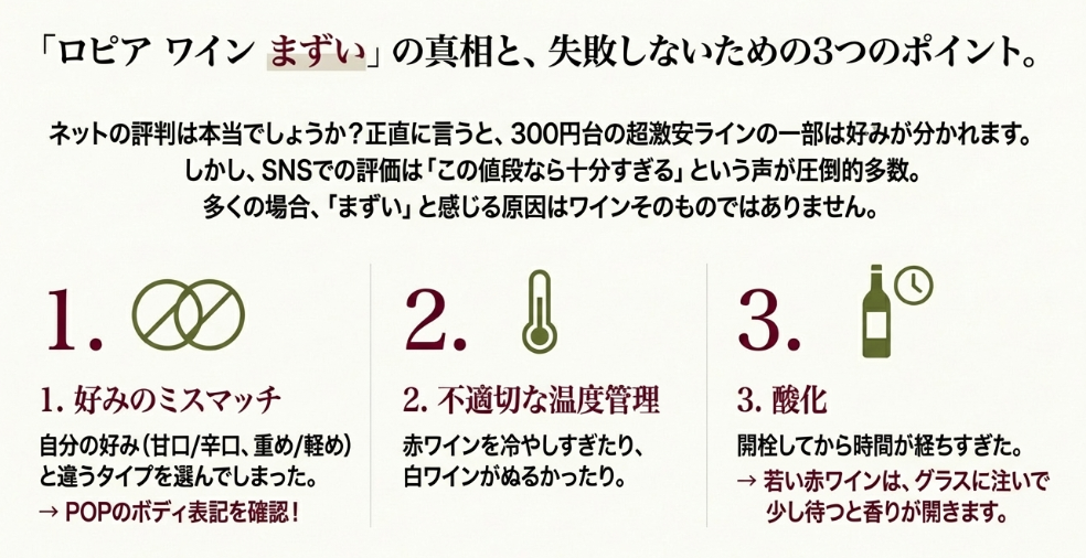 ロピアのワインがまずいと感じる原因（好みの不一致、温度管理、酸化）と対策
