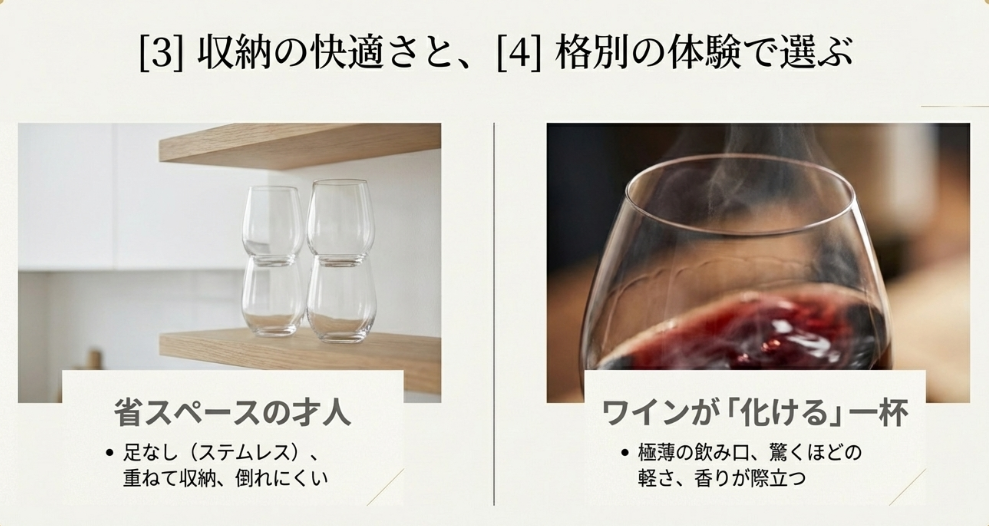 ステムレスの収納性と極薄グラスの味わい