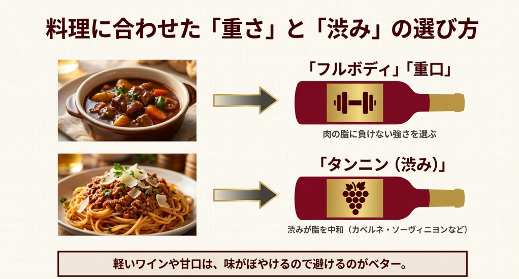ビーフシチューなどの肉料理には脂に負けないフルボディやタンニンのある赤ワインを選ぶ