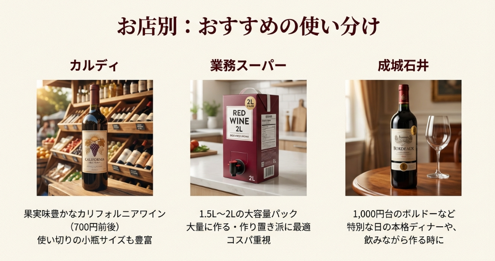 カルディ、業務スーパー、成城石井それぞれの料理用ワインの特徴とおすすめの使い分け