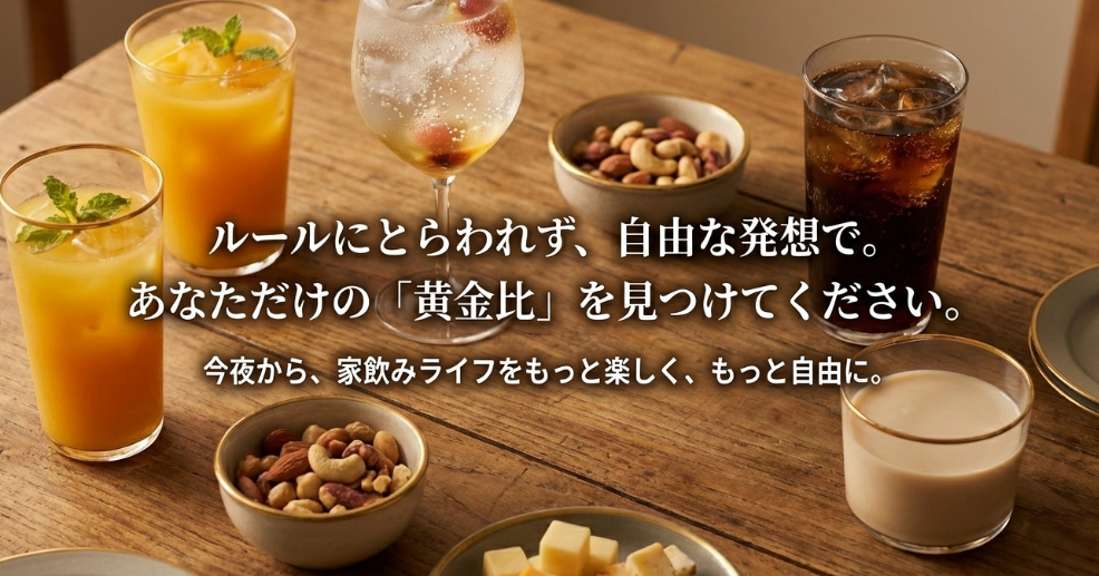 ルールにとらわれず自由な発想で家飲みライフを楽しむことを提案するメッセージ画像