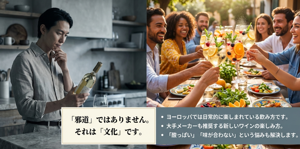 乾杯をしてワインカクテルを楽しむ人々の写真と、邪道ではなく文化であるという解説