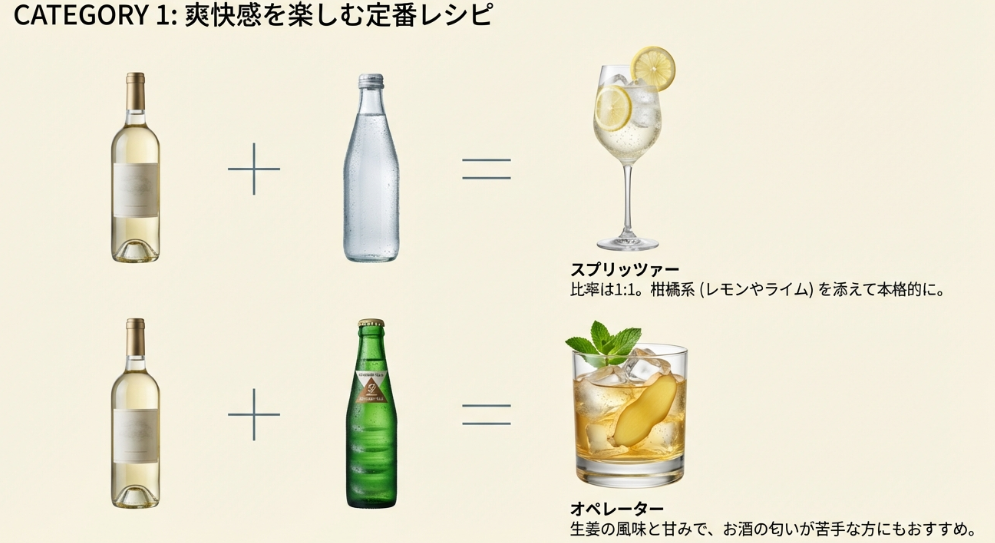 白ワインの炭酸割りスプリッツァーとジンジャーエール割りオペレーターのレシピ画像