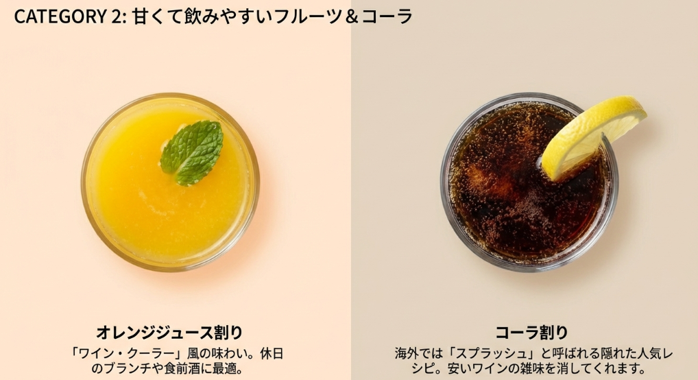 白ワインのオレンジジュース割りとコーラ割り(スプラッシュ)のレシピ画像