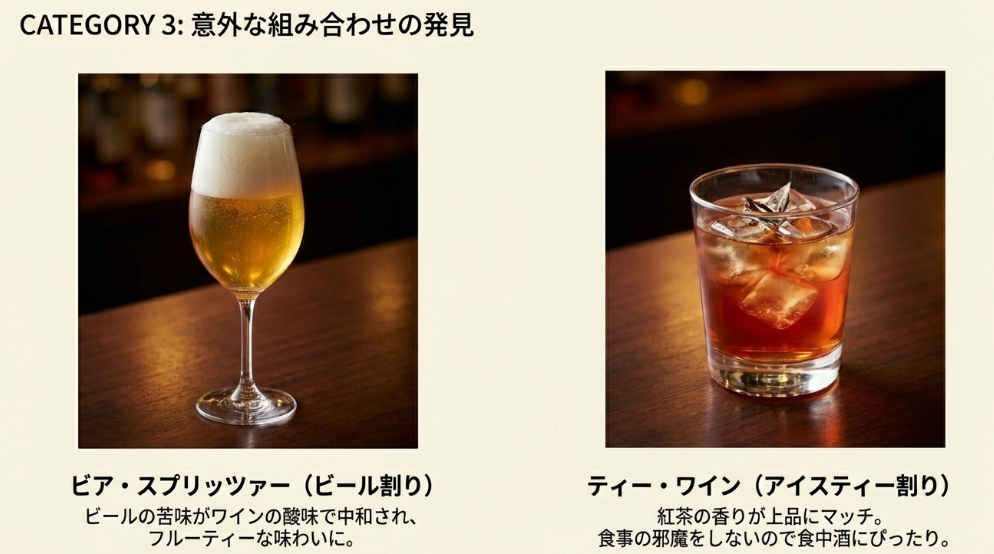 白ワインのビール割り(ビア・スプリッツァー)と紅茶割り(ティー・ワイン)の解説画像