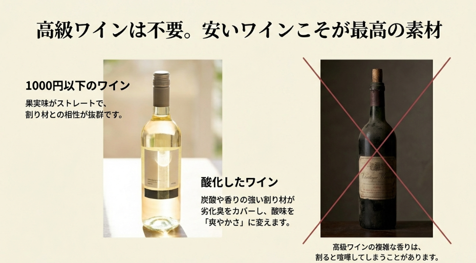 高級ワインは不要で1000円以下のワインや酸化したワインこそがカクテルに適しているという解説
