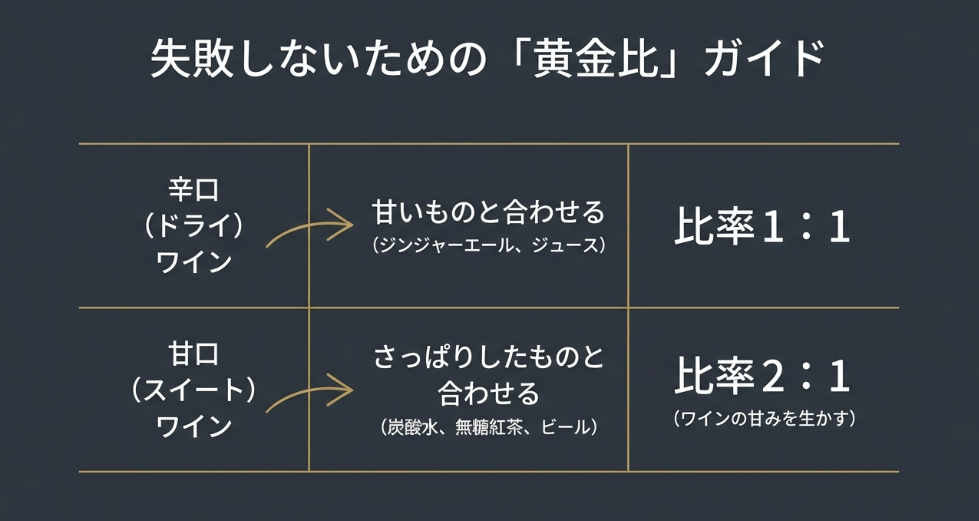 白ワインの辛口・甘口タイプ別に適した割り材と比率をまとめた黄金比ガイドの図表