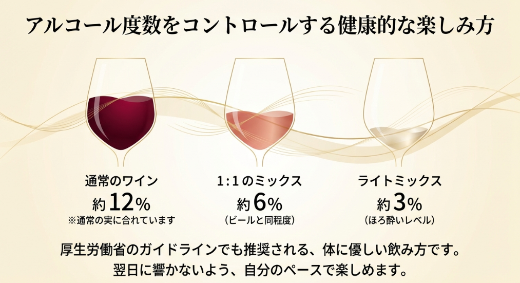 白ワインを割った際のアルコール度数の変化(12%から6%、3%へ)を示した図