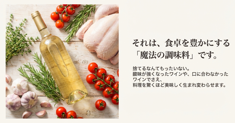 白ワインと食材（鶏肉、ハーブ、トマト、ニンニク）のイメージ画像