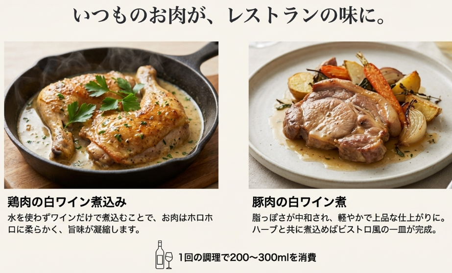 鶏肉の白ワインクリーム煮と豚肉のソテー煮込みの料理写真