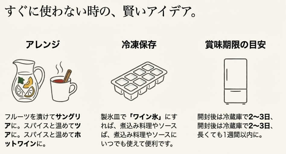サングリア、ホットワインのイラストと製氷皿を使った冷凍保存のアイデア