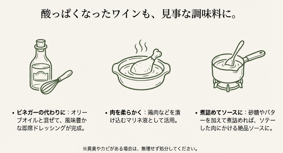 ワインビネガー代用やソース作りなど酸味が出たワインの使い道