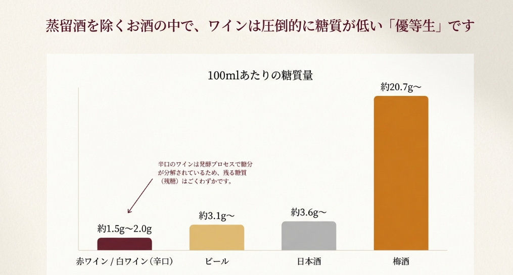 赤ワイン・白ワイン(辛口)とビール・日本酒・梅酒の糖質量を比較した棒グラフ。ワインが低糖質であることを示す図。