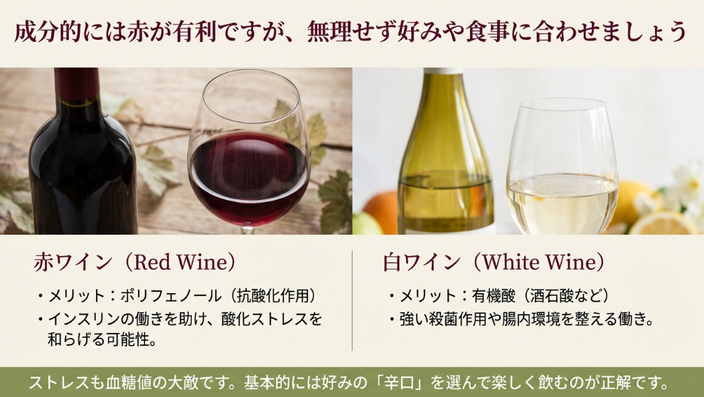 赤ワインのメリット(ポリフェノール・抗酸化作用)と白ワインのメリット(有機酸・殺菌作用)を比較したイラスト解説。