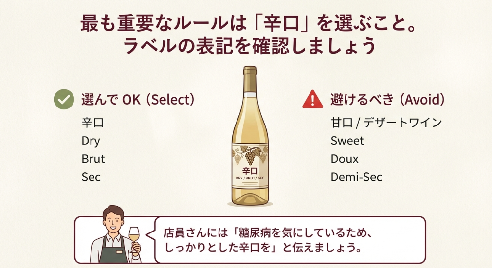 ワインボトルに記載された「辛口(Dry/Brut)」と「甘口(Sweet/Doux)」のラベル表記の見分け方リスト。