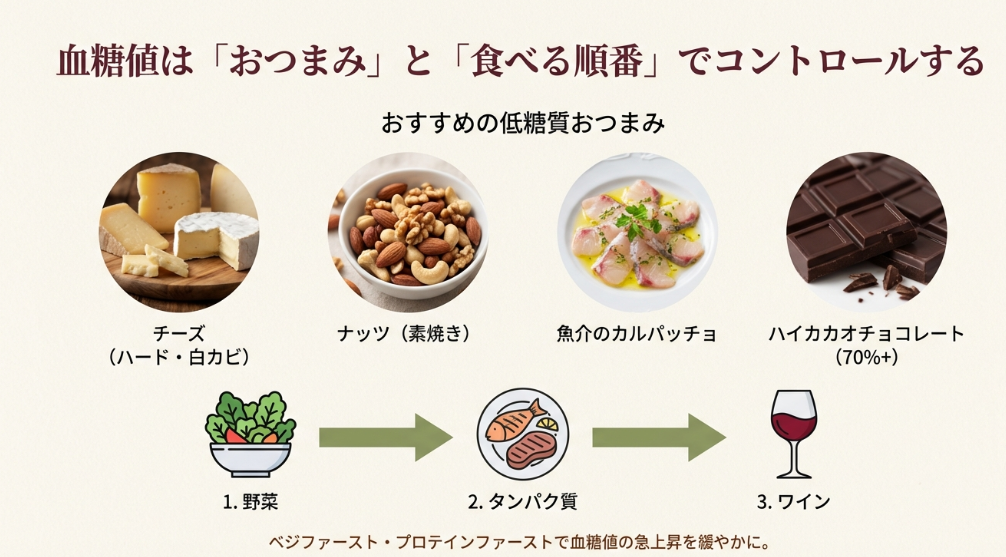 おすすめの低糖質おつまみ(チーズ、ナッツ等)と、野菜・タンパク質から食べるベジファースト・プロテインファーストの図解。