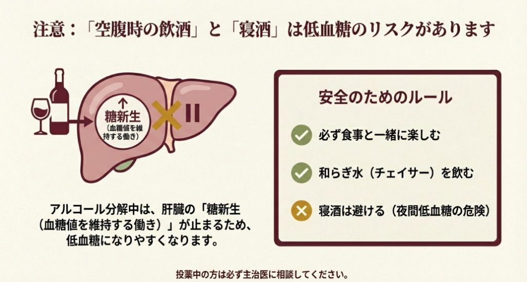 肝臓がアルコール分解を優先することで糖新生が止まり、低血糖になりやすくなるメカニズムの図解。