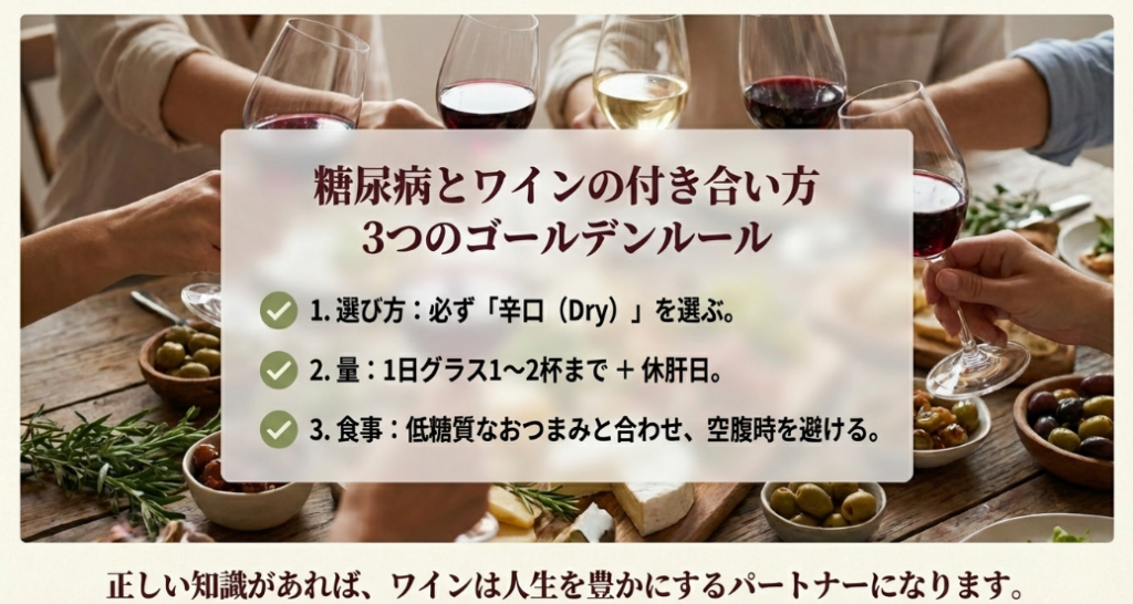 糖尿病の方がワインを楽しむための3つのルール(辛口を選ぶ、適量を守る、食事と合わせる)のまとめスライド。