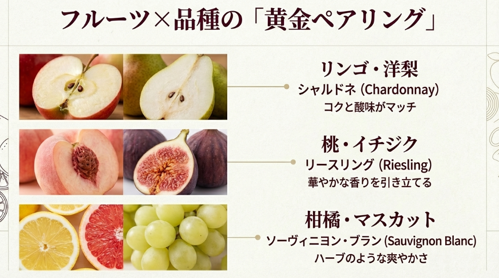 リンゴにはシャルドネ、桃にはリースリング、柑橘にはソーヴィニヨン・ブランを推奨する相性一覧表