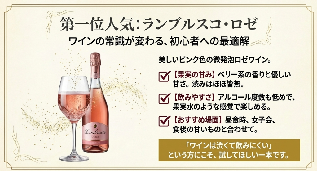 美しいピンク色の微発泡ロゼワイン「ランブルスコ・ロゼ」の紹介。ベリー系の香りと優しい甘み、低いアルコール度数について解説。