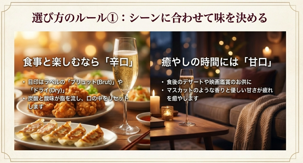 シーンに合わせたスパークリングワインの選び方。食事には辛口(ブリュット)、癒やしには甘口の解説スライド。