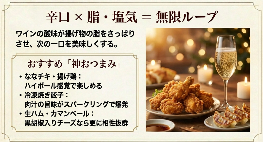 辛口スパークリングワインと「ななチキ」や「冷凍焼き餃子」のペアリング。脂っぽさをリセットする相性の良さを解説。