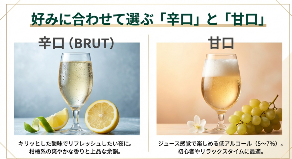 辛口（ブリュット）と甘口スパークリングワインの味わいの違い