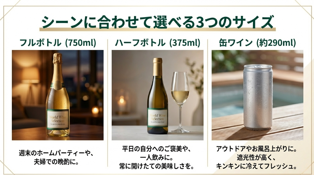 フルボトル・ハーフボトル・缶ワインのサイズ比較と利用シーン
