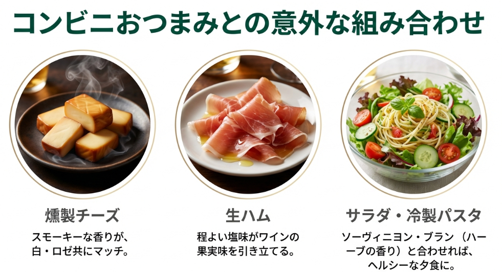 燻製チーズや生ハムサラダなどコンビニおつまみとの組み合わせ