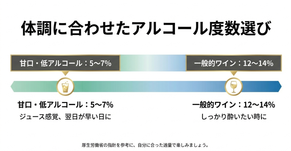 体調に合わせて選ぶアルコール度数5%〜14%の目安